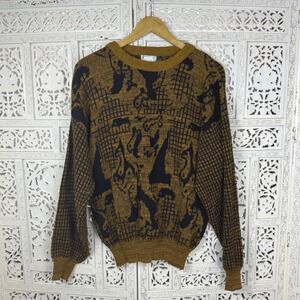 Vtg Yellow & Black Crewneck Sweater Sz Womens Large Grandpa Retro Granny